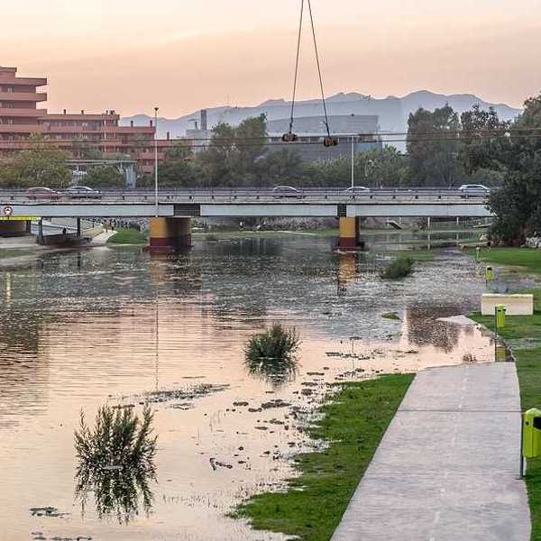 Flooded banks of a river in Spain after a storm