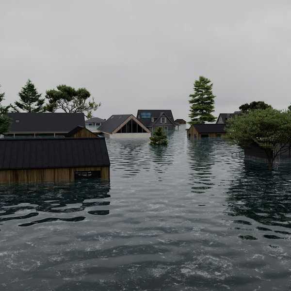 Flooded coastal neighborhood. Partially submerged homes and structures.