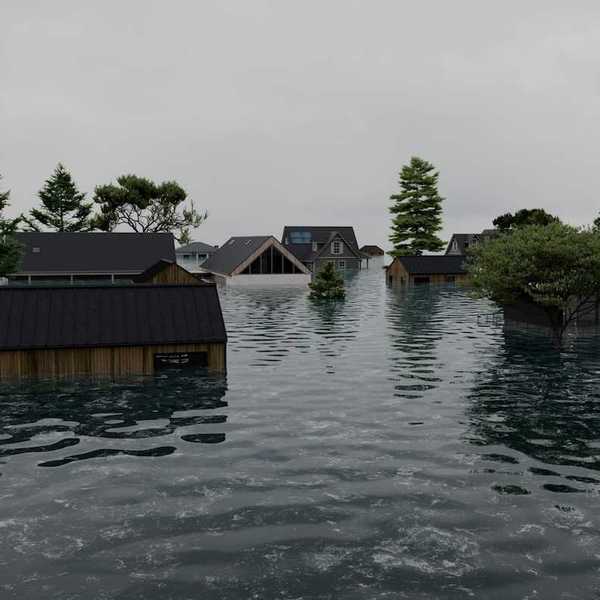 Flooded neighborhood. Multiple homes with floodwaters halfway up the first story.