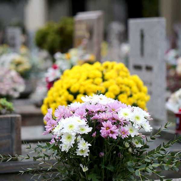 Flowers placed at gravestones in a cemetery