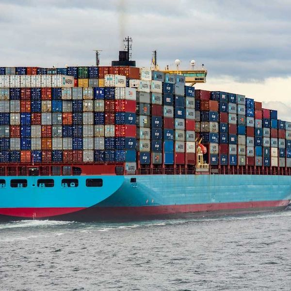 Fully-loaded cargo container ship