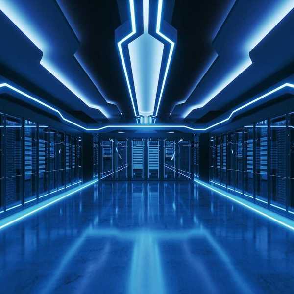 Futuristic depiction of massive data center electronics