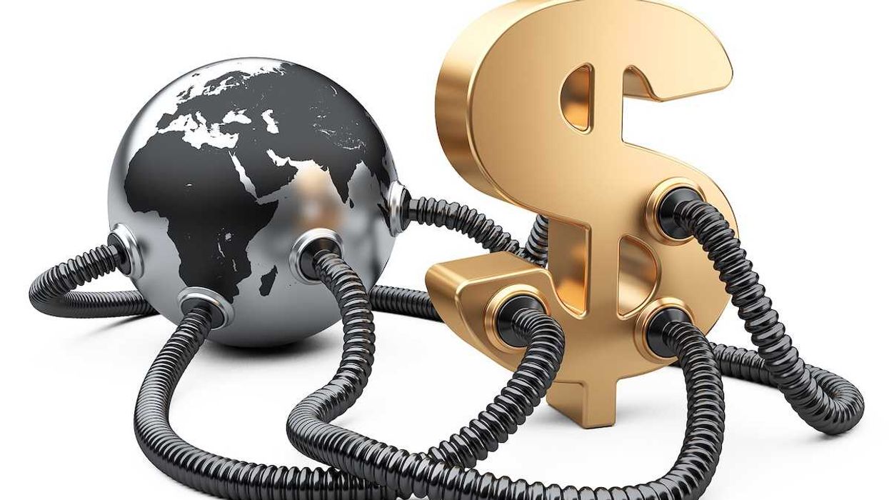 Gas and oil pipes attached to dollar sign and planet earth.