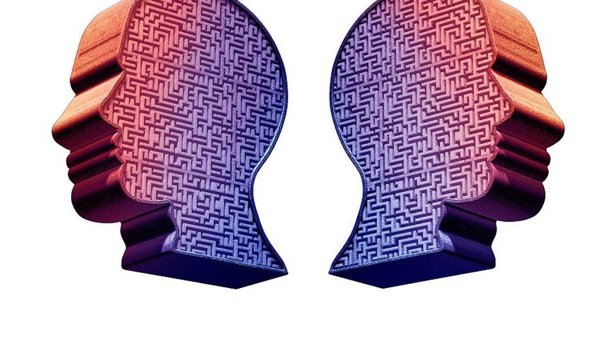 Graphic image of two human heads facing away from one another.
