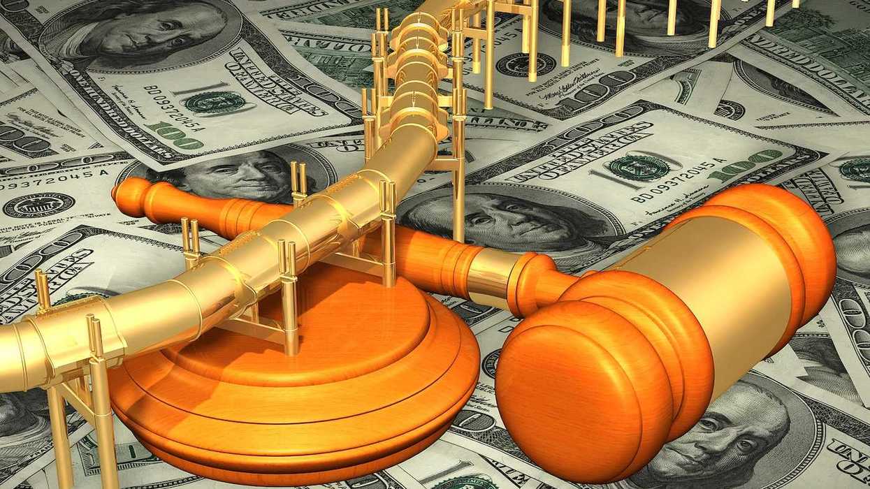 Graphic rendition illustrative of a golden fuel pipeline with a gavel superimposed over $100 bills