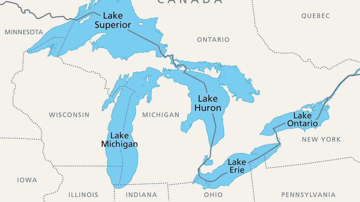 Great Lakes of North America, political map. Lake Superior, Michigan, Huron, Erie and Lake Ontario.
