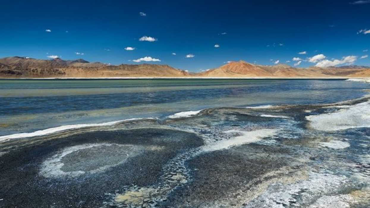 Great Salt Lake in Utah with dry mountains in the background.