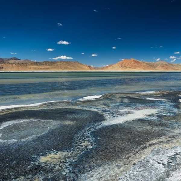 Great Salt Lake in Utah with dry mountains in the background.