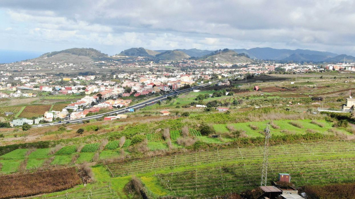 Green agricultural fields with a town and hills in the distance.