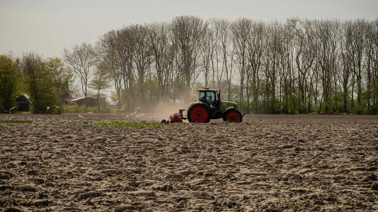 green and orange tractor on brown field during daytime with bare trees in background.