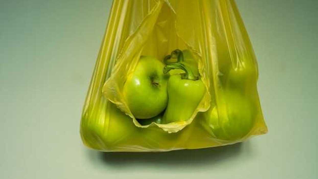 Green apples and peppers in a yellow plastic bag