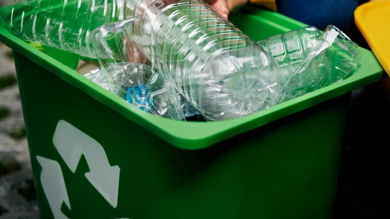 Green recycling bin full of plastic bottles