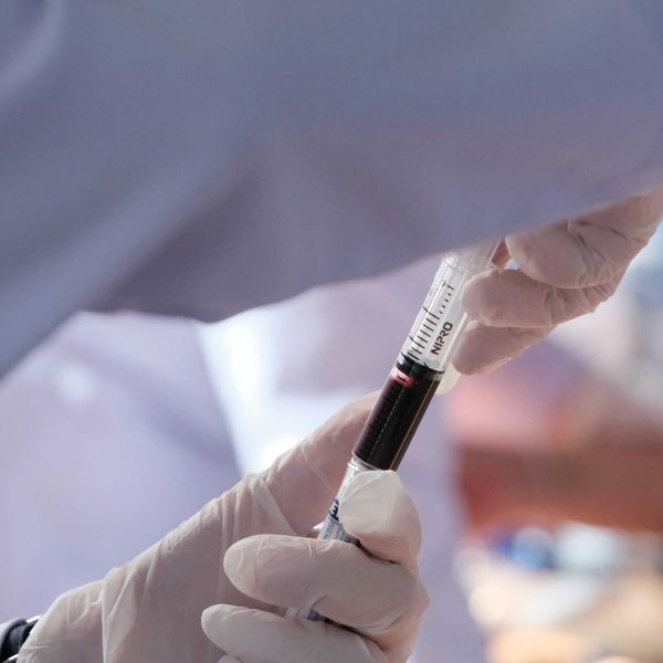hands in white plastic gloves hold a syringe filled with blood.