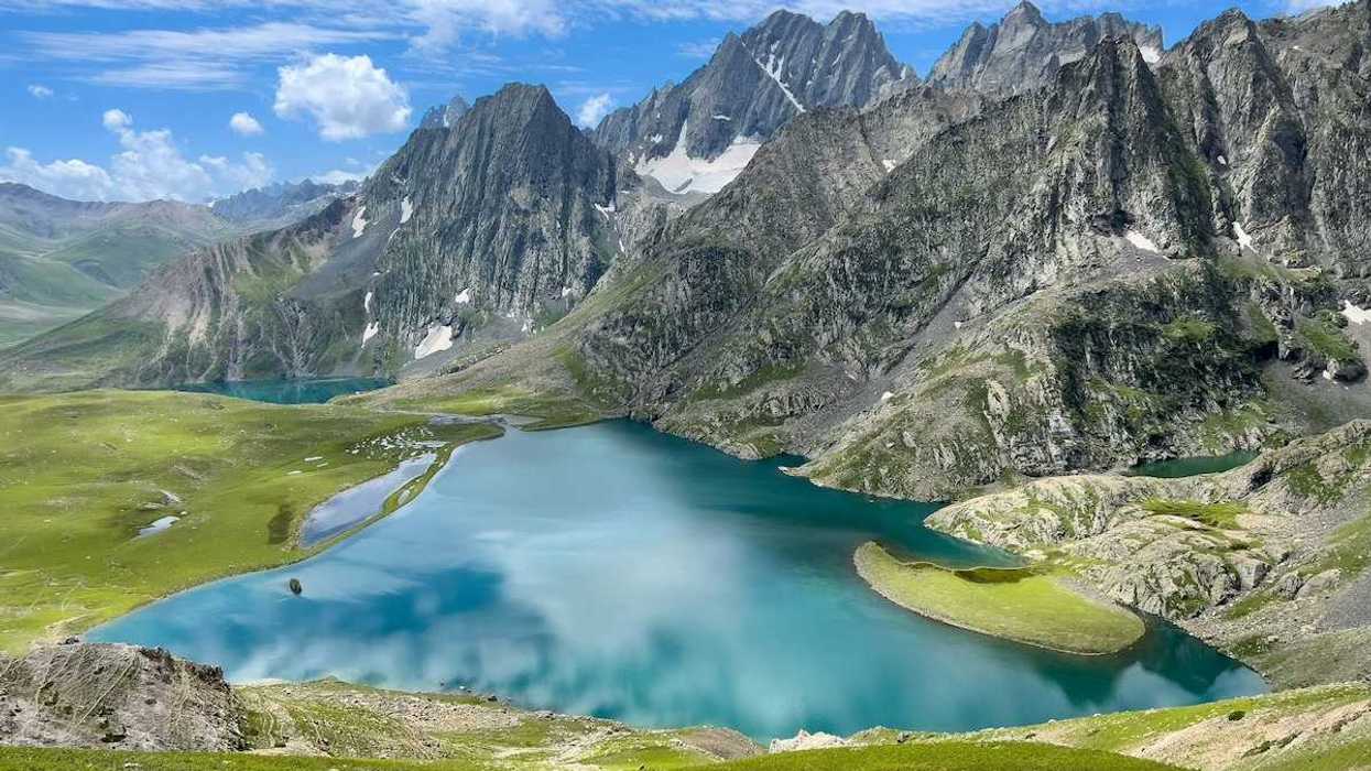 High altitude lake nestled amongst glaciated peaks in the Jammu and Kashmir region of India