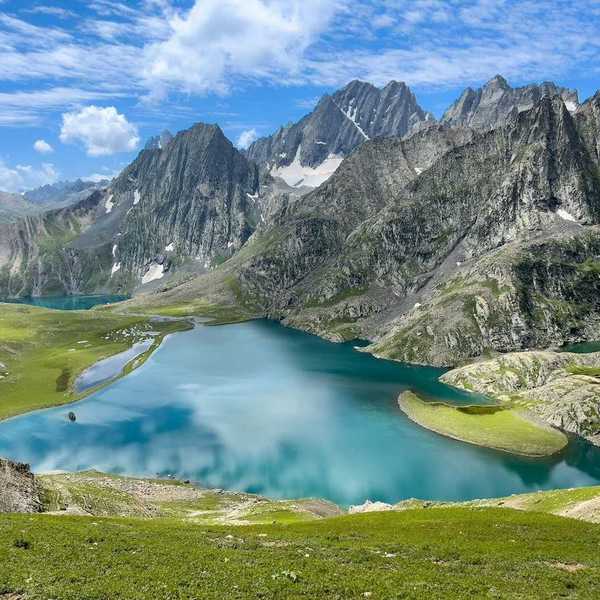 High altitude lake nestled amongst glaciated peaks in the Jammu and Kashmir region of India