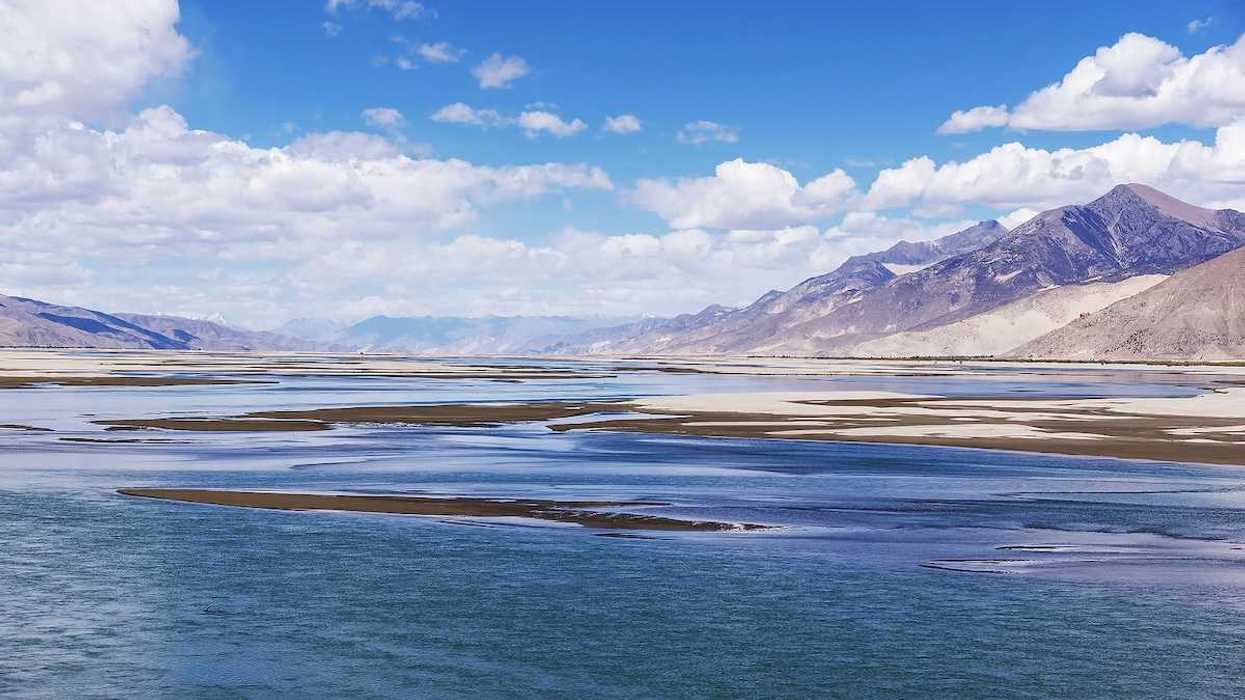 Holy Brahmaputra river, Yarlung Tsangpo, and Tibetan mountain landscape