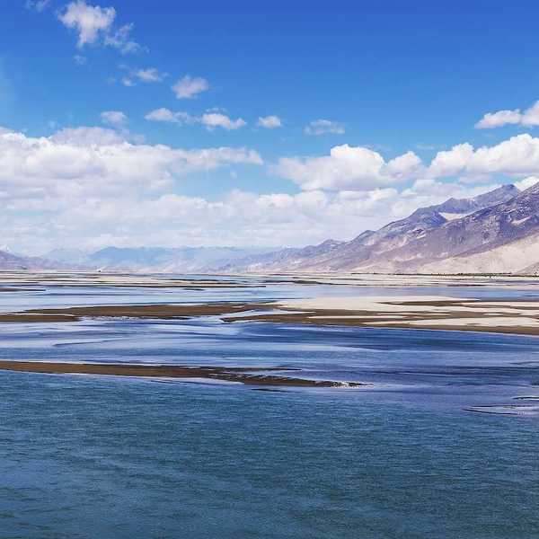 Holy Brahmaputra river, Yarlung Tsangpo, and Tibetan mountain landscape