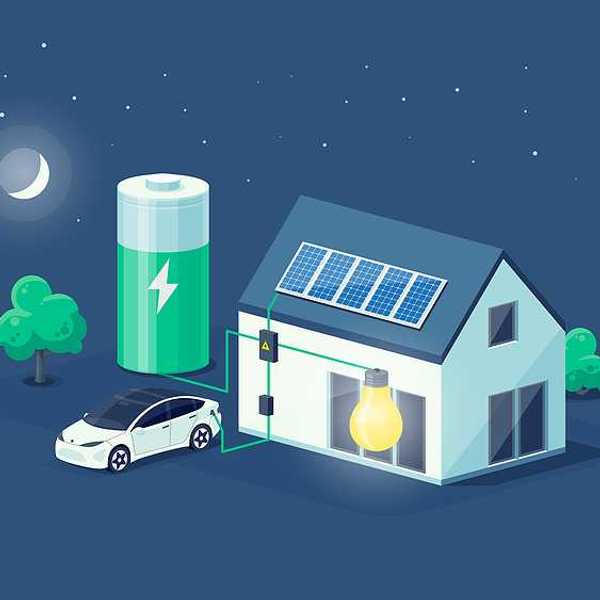 Home electricity scheme with battery energy storage system power modern house at night. photovoltaic solar panels and rechargeable li-ion backup. Electric car charging on renewable off-grid system.