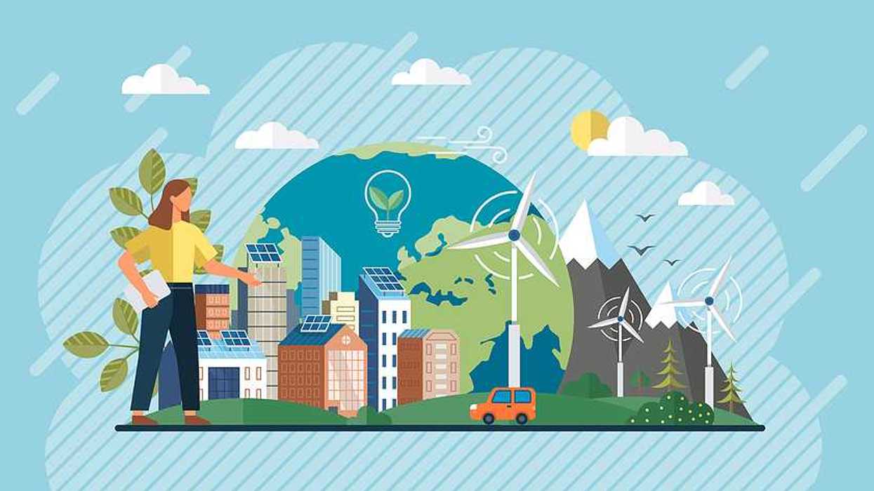 Home electricity with battery energy storage system on modern house. Wind energy. Green energy. Windmills house with solar panel.