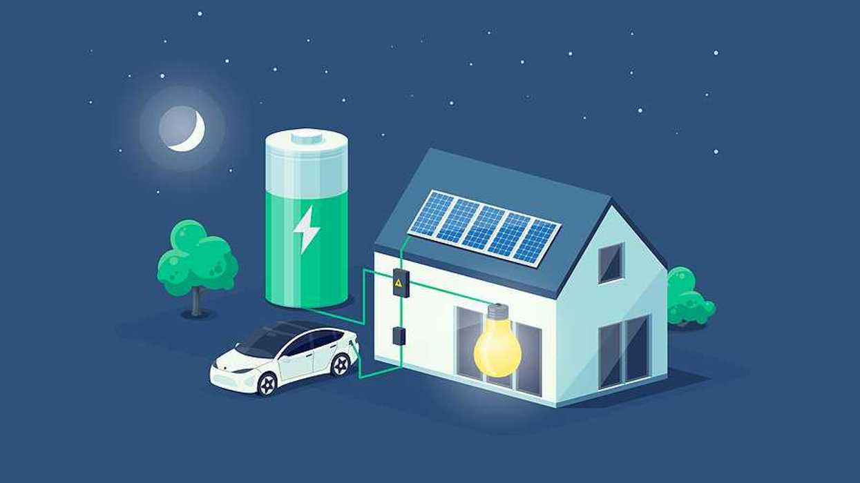 Home virtual battery energy storage with house photovoltaic solar panels on roof and rechargeable li-ion electricity backup