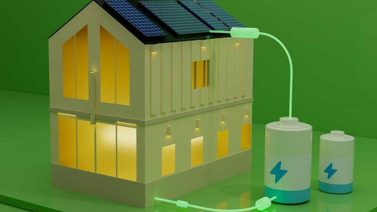 Illustration depicting a house powered by solar panels in combination with a battery system