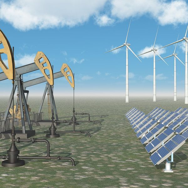 Illustration depicting pumpjacks vs solar panels & wind turbines