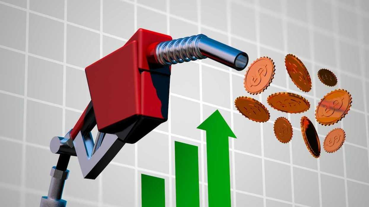 Illustration depicting skyrocketing oil prices. Gasoline nozzle spewing coins against a rising graph