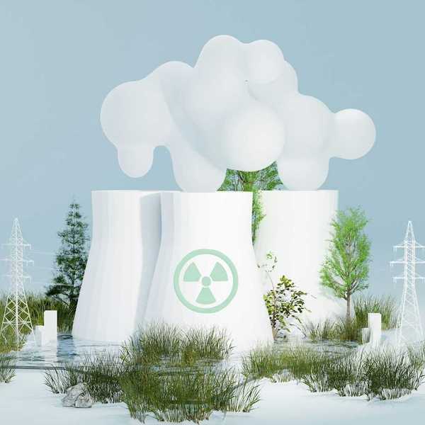 illustration featuring three nuclear cooling towers with transmission lines amidstgreenery