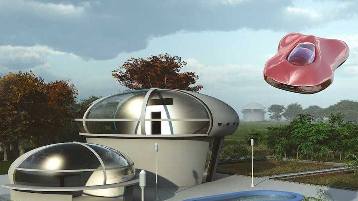 Illustration of a futuristic suburban house and flying car