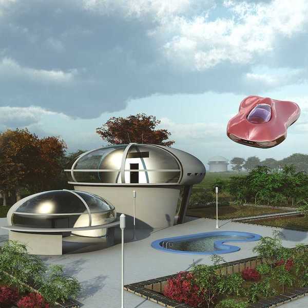 Illustration of a futuristic suburban house and flying car