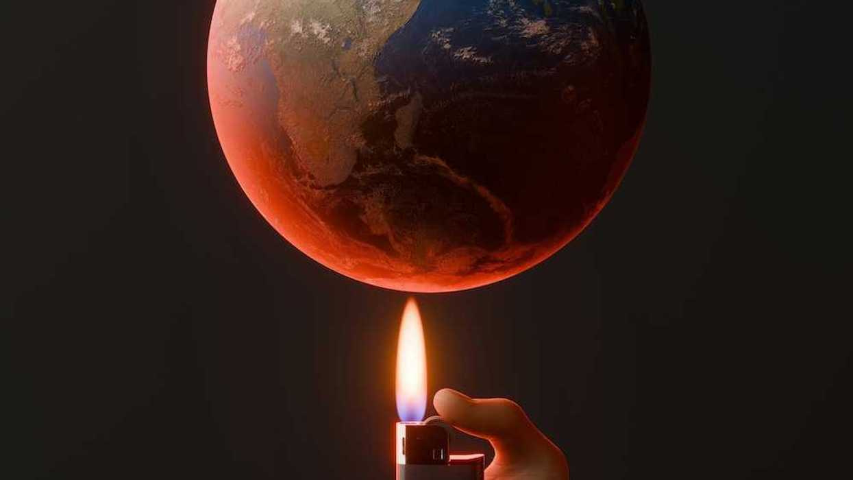 Illustration of a hand holding a disposable lighter under an overheating Earth