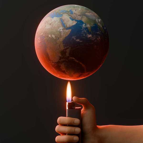 Illustration of a hand holding a disposable lighter under an overheating Earth