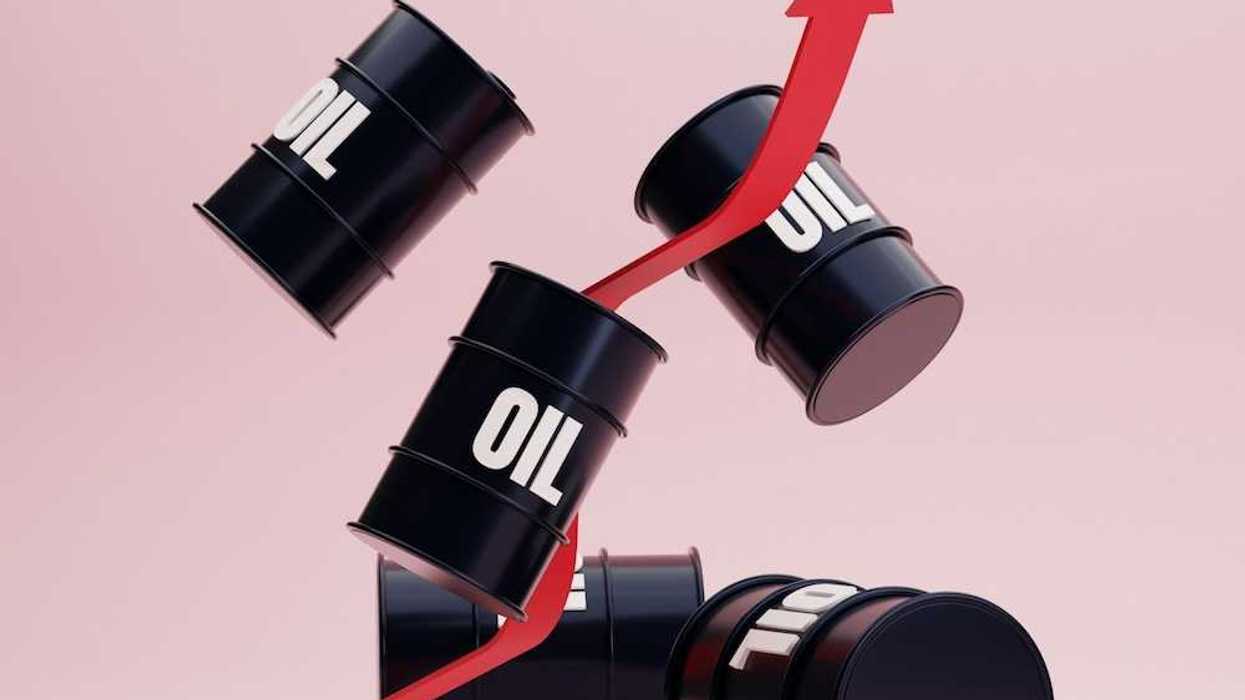 Illustration of black barrels labeled "OIL" suspended on a pink background with an intertwined red line pointing upward indicating ever-rising oil costs.