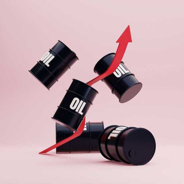 Illustration of black barrels labeled "OIL" suspended on a pink background with an intertwined red line pointing upward indicating ever-rising oil costs.