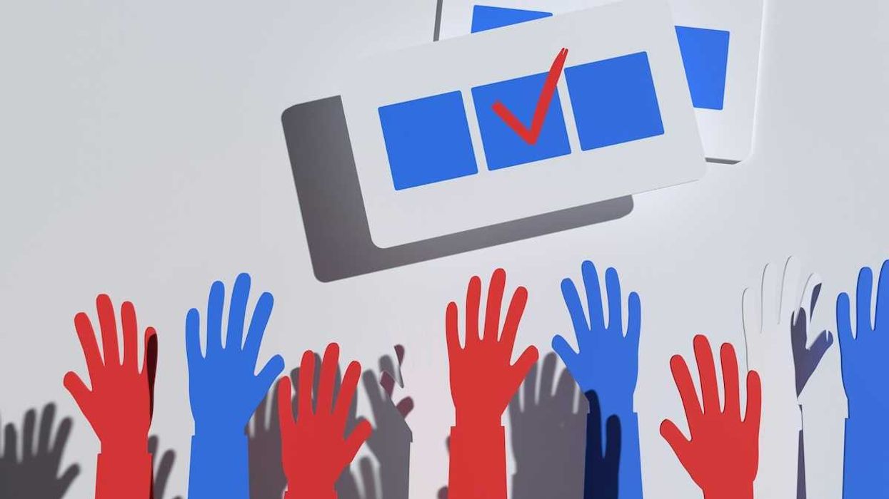illustration of blue, red, and gray hands raised below a blue checkbox with red checkmark