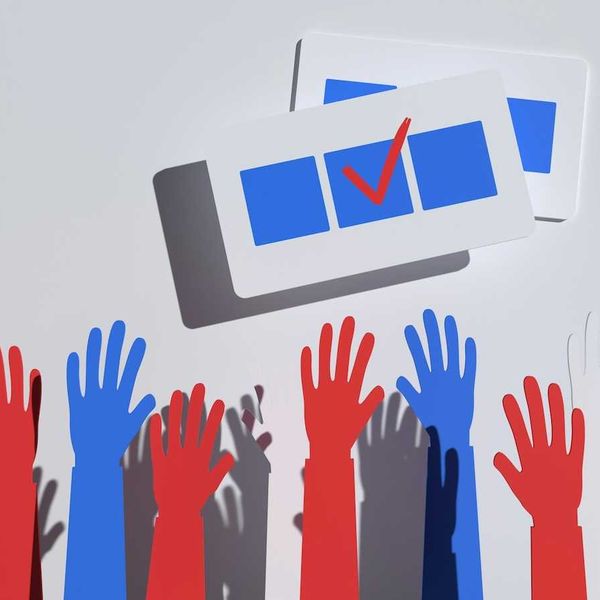 illustration of blue, red, and gray hands raised below a blue checkbox with red checkmark