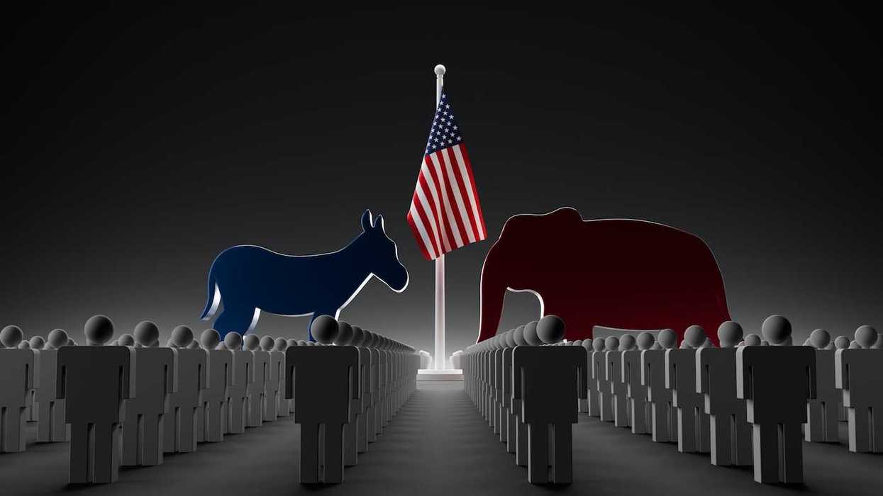 Illustration of blue-tinged mule facing off with red-tinged elephant indicating political faceoff