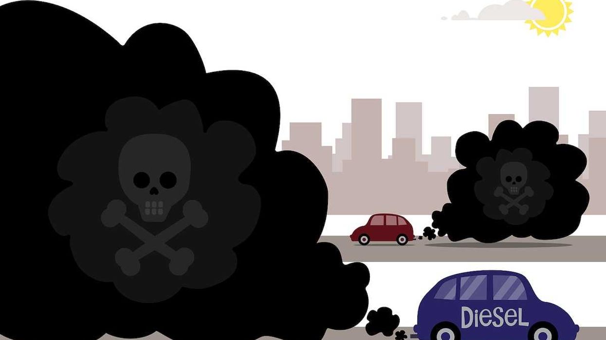 Illustration of diesel cars emitting toxic exhaust fumes that have a skull and cross bones in the pollution.