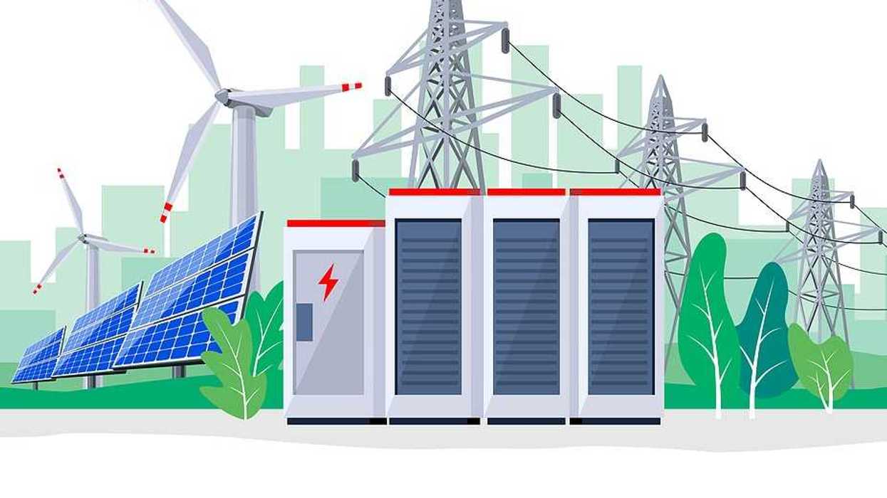 illustration of large rechargeable lithium-ion battery energy storage stationary for renewable electric power station generation.