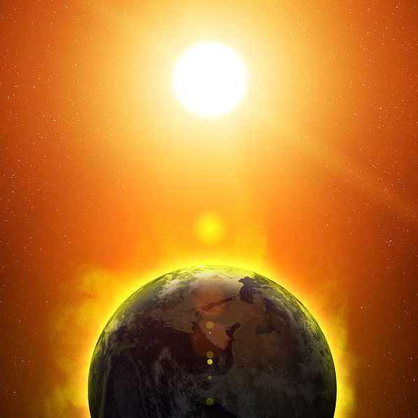 Illustration of sun beating down on an overheating Earth