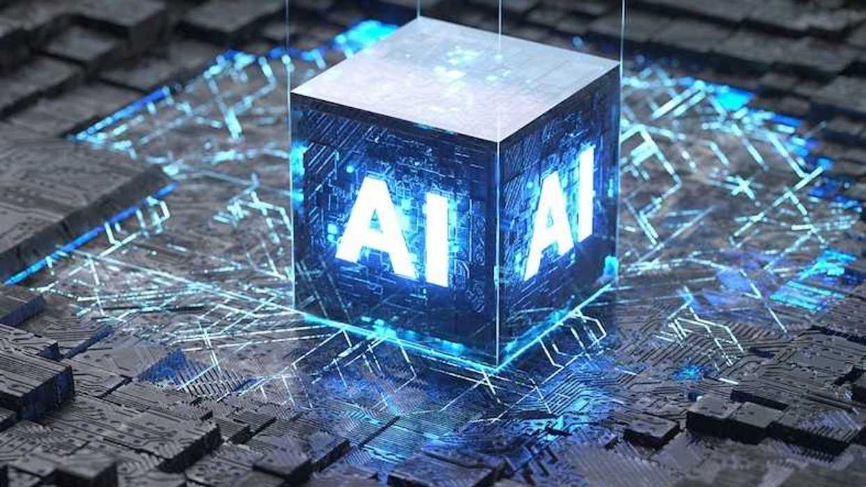Illustrative example of AI cube as data transport and an also an intrusive entity being "plunked down" on a circuit board representative of a cityscape