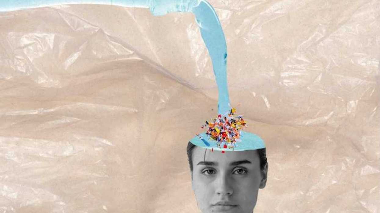 image depicting blue liquid with plastic particles being poured onto a person's head representing plastic pollution invading the human brain