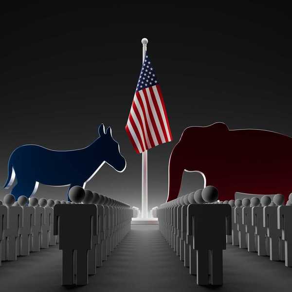 Image of a blue donkey facing off with a red elephant with an American flag in between