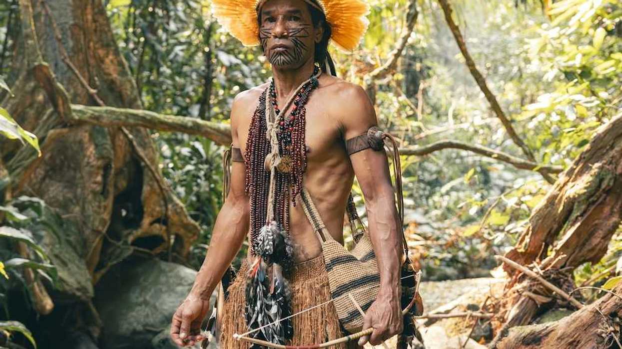 Indigenous Amazonian clad in traditional garb, standing in a rain forest
