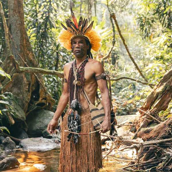 Indigenous Amazonian clad in traditional garb, standing in a rain forest