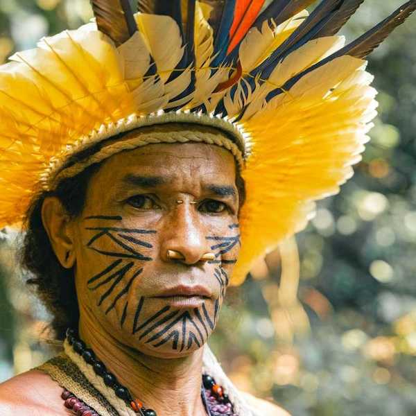 Indigenous Amazonian tribesman wearing yellow feathered headress