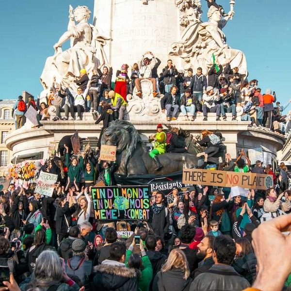 Large crowd gathered at the Place de la République, Paris, France for climate protest