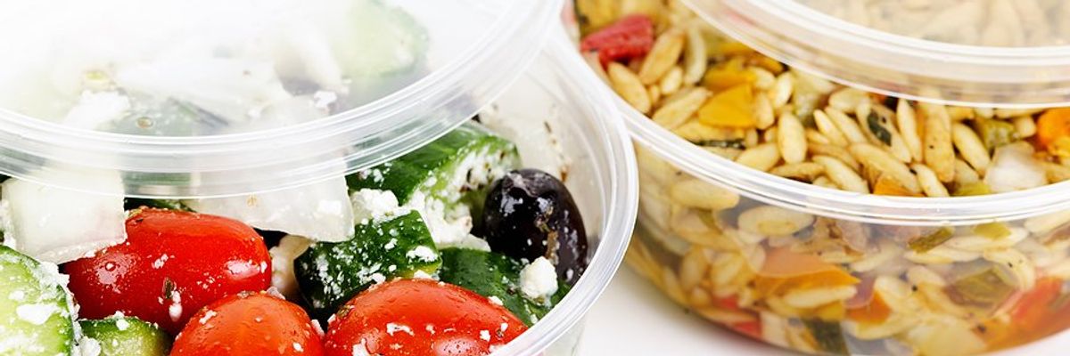 Leftovers stored in clear plastic dishes.