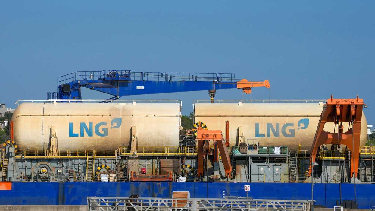 Liquefied natural gas tanks in a port.