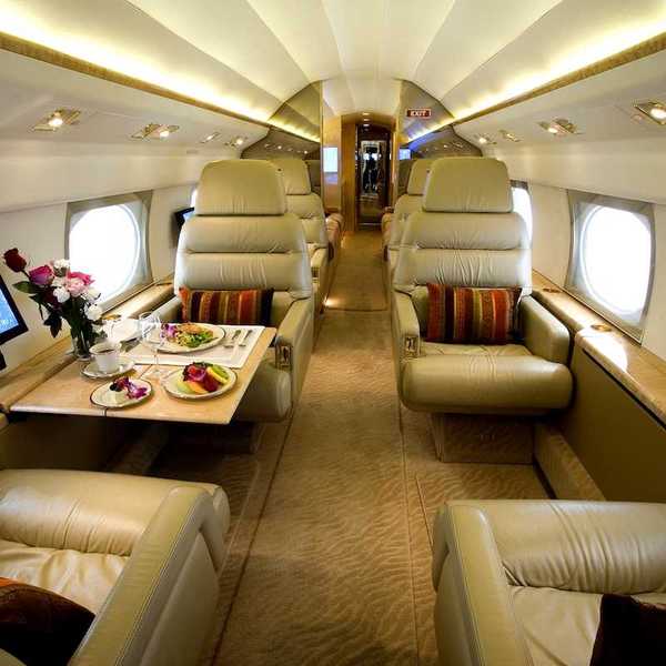 Luxury interior of a private jet Gulfstream G IV large cabin aircraft